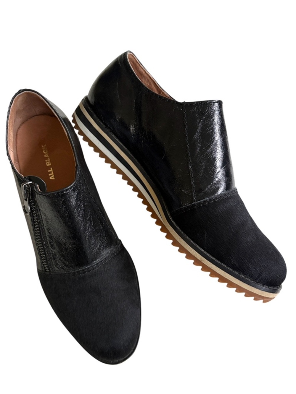 EUC All Black Leather / Calf Hair Loafers Size 6.5 Retail $245.00